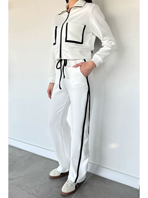 Gülseli Kadın Ön Fermuarlı Çift Cepli Şerit Desenli Sweat Bel Lastikli Pantolon İkili Takım - S000482970-19966