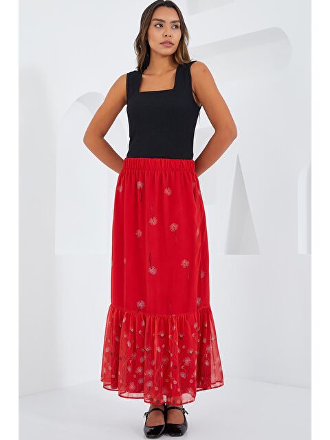 Bigdart Kadın Kırmızı Desenli Şifon Etek 8010 - S000153568-20045