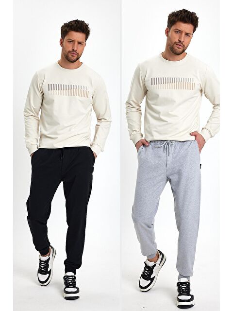 Mmetalic Siyah-Gri Arka Cep Etiket Detaylı Paça Lastikli Regular Fit 2'Li Erkek Jogger Eşofman Altı - S000228975-37430