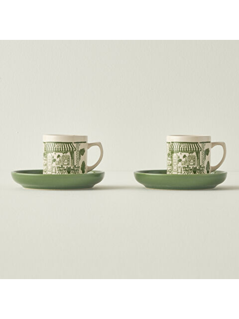 Bella Maison Scene Seramik 2'li Kahve Fincanı Seti Yeşil (105 cc) - S000383353-18194
