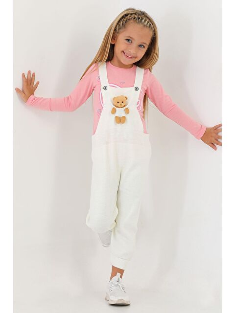 Zepkids Askılı Düğmeli Önü Ayıcıklı Ekru Renk Kız Çocuk Salopet - S000356857-19965