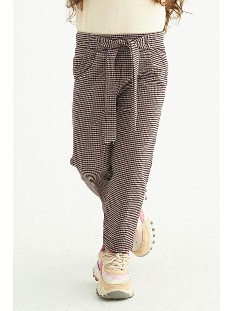 Zepkids Ekose Desenli Beli Kuşaklı Siyah Pudra Renk Kız Çocuk Pantolon - S000356860-37443