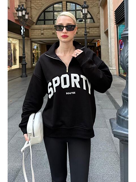 Madmext Siyah Yarım Fermuarlı Baskılı Sweatshirt Mg2212 - S000303572-19351