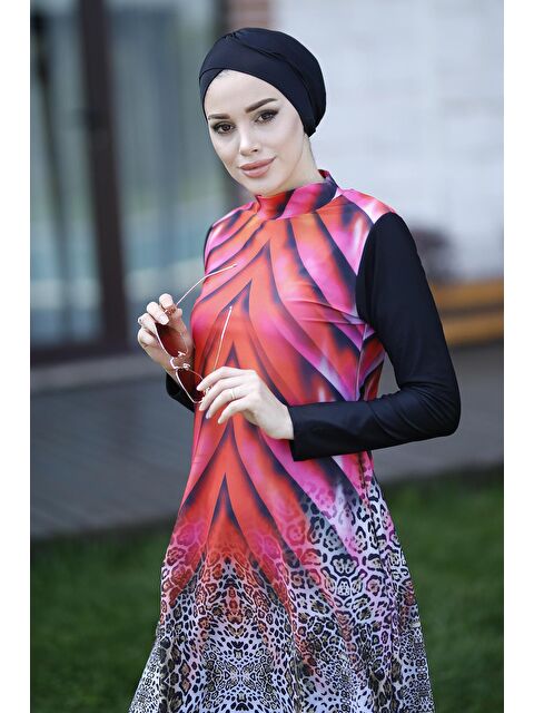 Remsa Mayo Tasarım Tam Kapalı Tesettür Mayo Kırmızı Leopar 900-119 - S000122490-20045