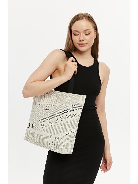 Bagg Kanvas Fermuarlı Gazete Tema Çift Taraf Baskılı Yatay Çanta - S000178881-19966