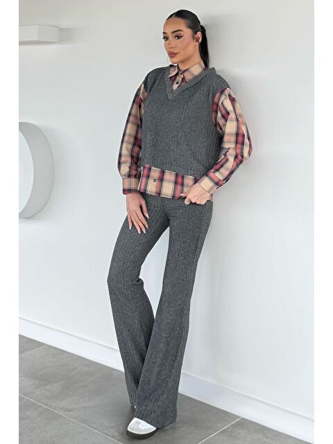 Gülseli Kadın Süveter Garnili Ekose Desenli Gömlek Bel Lastikli Pantolon İkili Takım - S000491745-29666