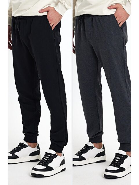 Mmetalic Siyah-Gri Arka Cep Etiket Detaylı Paça Lastikli Regular Fit 2'Li Erkek Jogger Eşofman Altı - S000228975-37421