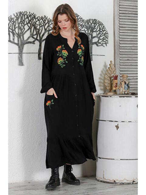 Chiccy Siyah Hakim Yaka 3/4 Kol Düğmeli Nakışlı Casual Oversize Dokuma Elbise 140 58 - S000344040-19351