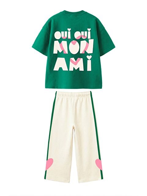 Monila Kız Çocuk Pamuklu Yeşil Baskılı T-Shirt Ve Paçasında Kalp Detaylı Alt Üst Takım