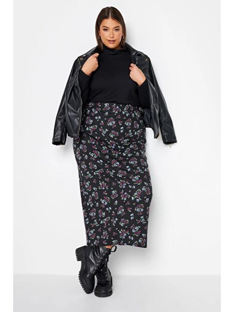 Stil Diva Büyük Beden Beli Lastikli Cepsiz Çiçek Desenli Uzun Etek 137619 - S000196948-19351