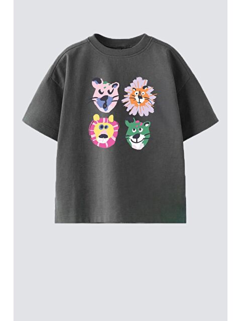 Monila Unisex Çocuk Pamuklu Bisiklet Yaka Baskılı T-Shirt