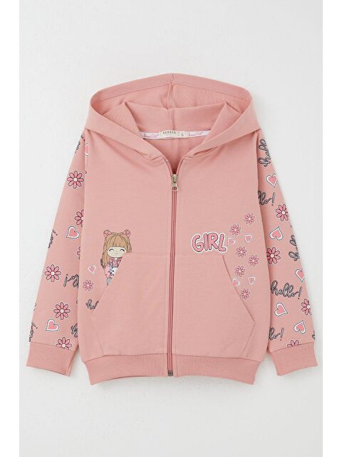 Breeze Kız Çocuk Hırka Sevimli Kız Baskılı Kolları Çiçek & Kalp Desenli Gülkurusu (1-4 Yaş) - S000352696-20028