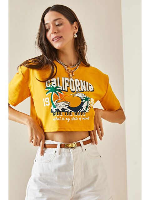 Xhan Hardal Baskılı Bisiklet Yaka Crop Tişört 5YXK1-48565-37 - S000207150-7379