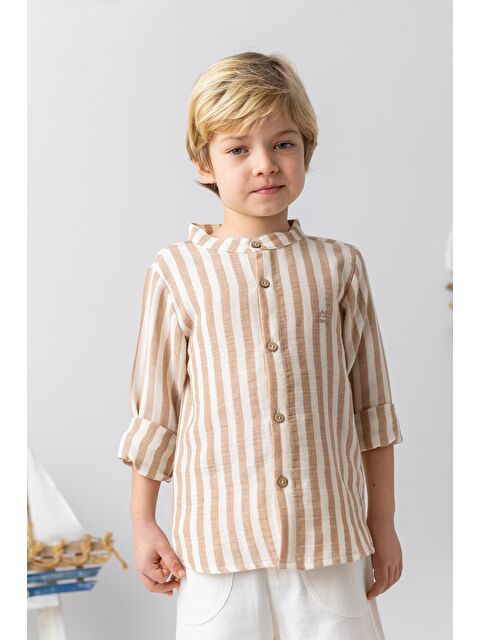MİNİNİO Erkek Bebek Hakim Yaka  Müslin Gömlek - Bej - S000363566-19928