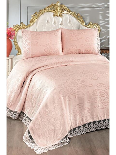 Çeyiz Diyarı Fransız Dantelli Belins Çift Kişilik Yatak Örtüsü Pudra - S000487285-7152