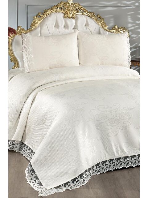 Çeyiz Diyarı Fransız Dantelli Belins Çift Kişilik Yatak Örtüsü Krem - S000487293-19966