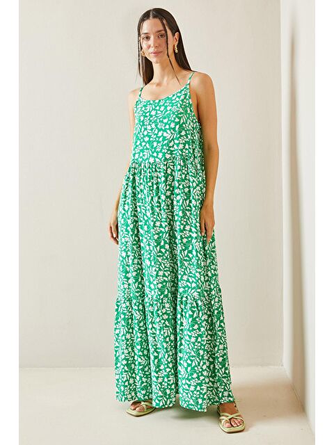 Xhan Yeşil Desenli Askılı Elbise 5YXK6-48859-08 - S000236650-18194