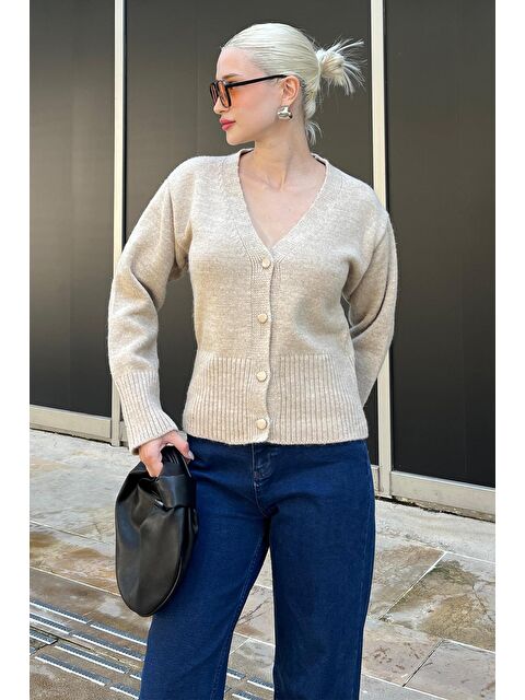 Madmext Bej Düğmeli Fitil Detaylı Triko Hırka Mg2199 - S000280972-19928