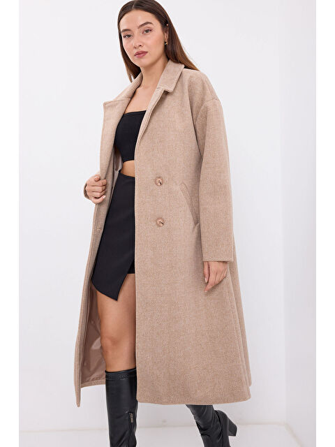 Bigdart 9113 Oversize Geniş Kesim Yünlü Uzun Kaşe Kaban - Bisküvi - S000089405-19928
