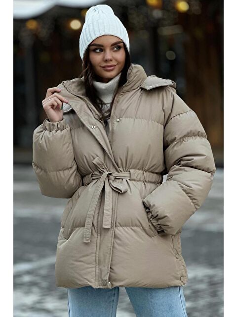 Madmext Bej Kapüşonlu Kuşak Detaylı Şişme Mont Mg2179 - S000283521-19928
