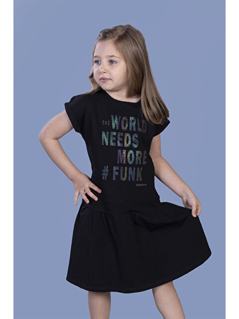 Toontoykids Kız Çocuk Renkli Yazı Baskılı Büzgü Detaylı Elbise - S000364435-19351