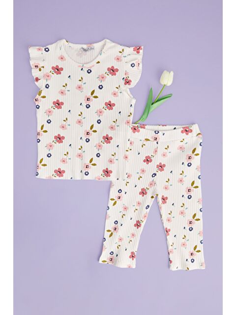 Fullamoda Fitilli Çiçek Desenli Fırfırlı Kız Çocuk 2 Li Takım