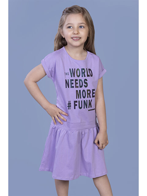 Toontoykids Kız Çocuk Renkli Yazı Baskılı Büzgü Detaylı Elbise - S000364435-19999