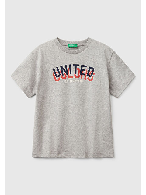 United Colors Of Benetton Erkek Çocuk Gri Melanj Benetton Logo Baskılı Tişört - S000356882-20600
