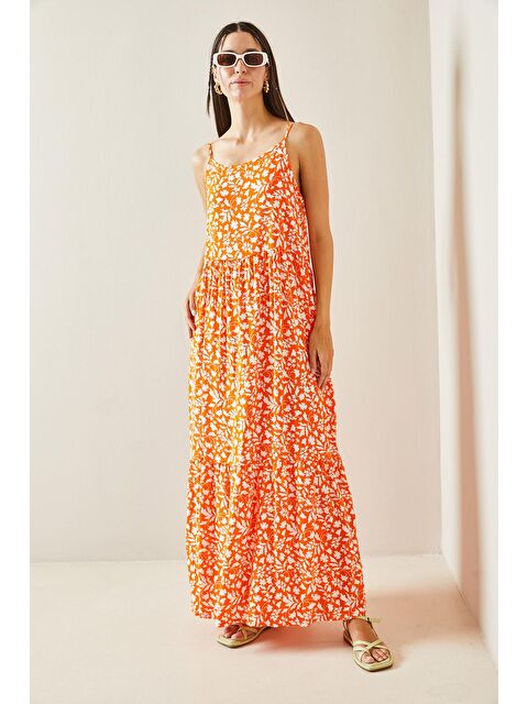 Xhan Turuncu Desenli Askılı  Elbise 5YXK6-48859-11 - S000236650-20013