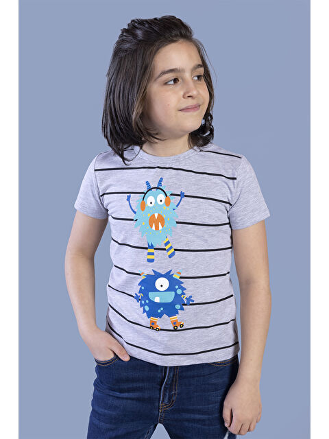 Toontoykids Erkek Çocuk Çizgili Canavar Baskılı Tişört - S000385605-74