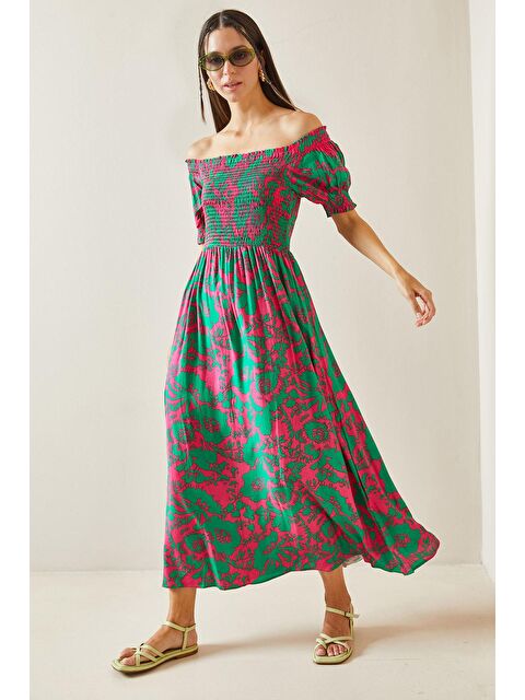 Xhan Fuşya Gipe & Desenli Kayık Yaka Elbise 5YXK6-48858-07 - S000236653-18686