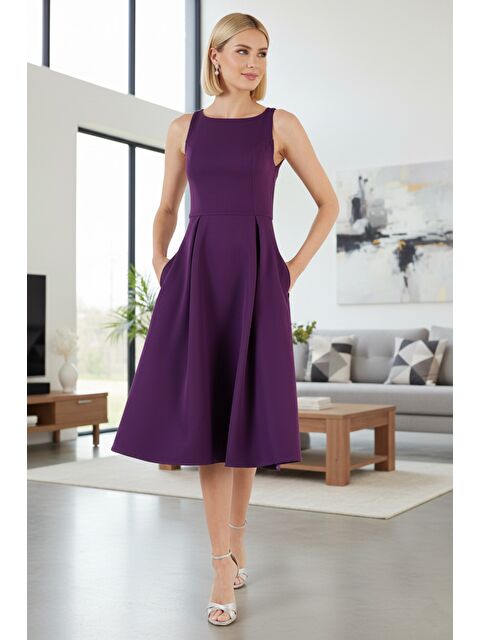 Lela Regular Fit Bisiklet Yaka Cepli Pileli Midi Boy Kadın Elbise 6111963 - S000445895-20042