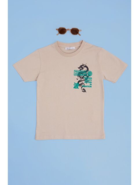 Fullamoda Ejderha Baskılı Bisiklet Yaka Erkek Çocuk Tişört