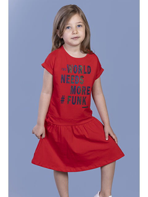 Toontoykids Kız Çocuk Renkli Yazı Baskılı Büzgü Detaylı Elbise - S000364435-20045