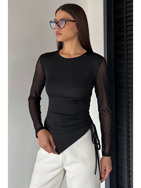 Gülseli Kadın Yan Büzgü Detaylı Kollar Tüllü Elastanlı Bluz - S000469753-19351