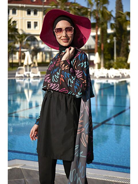 Remsa Mayo Paraşüt Önü Kapaklı Tam Kapalı Tesettür Mayo R046 Siyah Color Neon - S000058953-19351