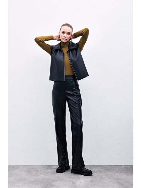 SATEEN Yüksek Bel Deri Pantolon - Siyah - S000361462-19351