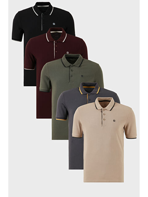 Buratti Pamuklu Slim Fit Şerit Detaylı Düğmeli Polo Yaka 5'li Paket %100 Pamuk Tişört 5902118S5