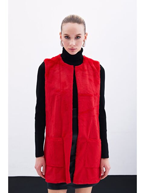 SATEEN Cep Detaylı Pelüş Yelek - Kırmızı - S000324357-20045