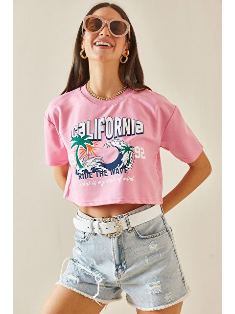 Xhan Pembe Baskılı Bisiklet Yaka Crop Tişört 5YXK1-48565-20 - S000207150-20024