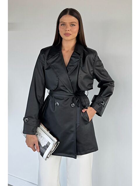 Gülseli Kadın Çift Cepli Bel Kuşaklı Düğmeli Suni Deri Trençkot - S000469783-19351