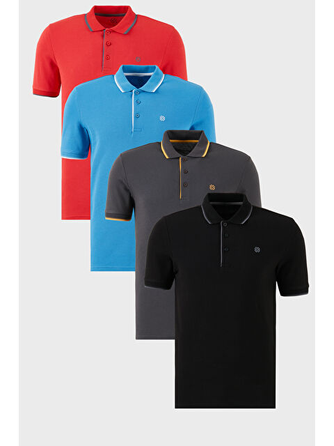 Buratti Pamuklu Slim Fit Şerit Detaylı Düğmeli Polo Yaka 4'lü Paket %100 Pamuk Tişört 5902118S4 - S000387100-216