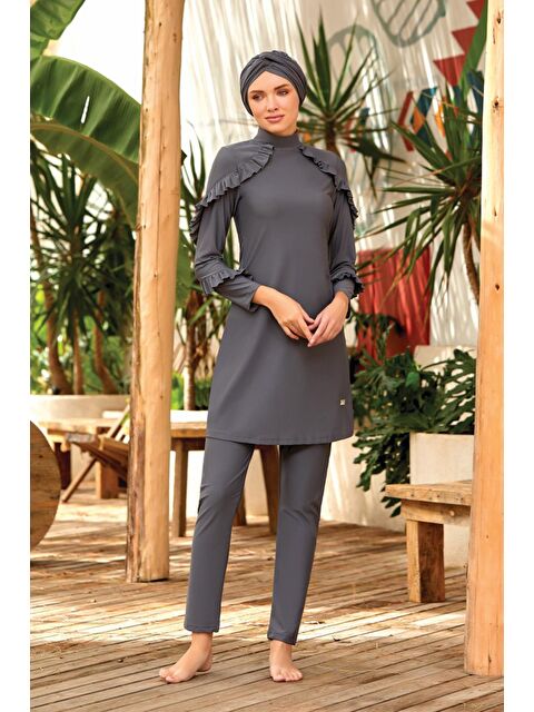 Adasea Fırfır Tasarım Likralı Tam Kapalı Tesettür Mayo Mırına 4104 Antrasit - S000140491-29666