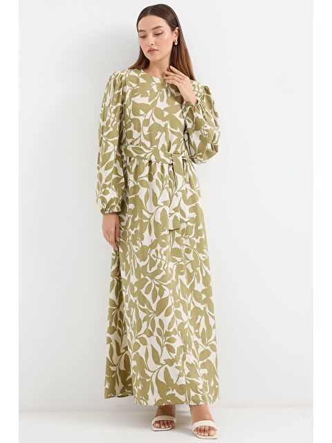 Bigdart 2513 Balon Kol Tesettür Elbise - Yağ Yeşil - S000240628-37471