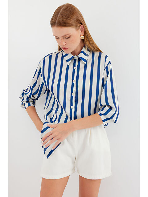 Bigdart 3964 Hafif Dökümlü Saten Gömlek - B.Lacivert - S000089376-37341