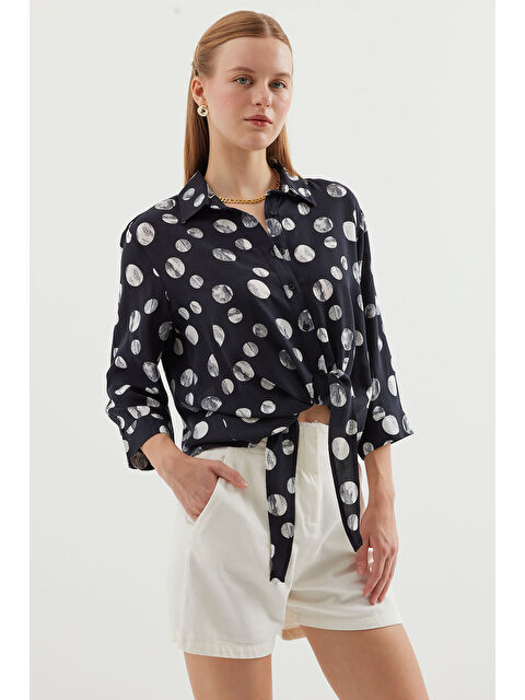 Bigdart 20243 Önü Bağlamalı Desenli Gömlek - Siyah - S000375317-19351