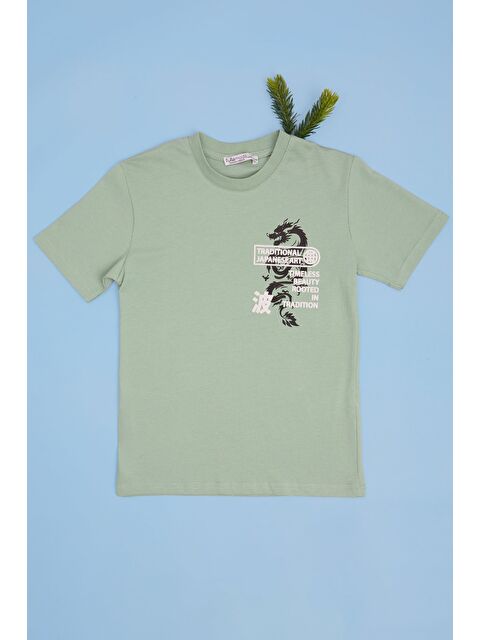 Fullamoda Ejderha Baskılı Bisiklet Yaka Erkek Çocuk Tişört