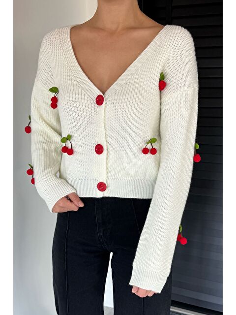 Gülseli Kiraz Aksesuarlı Kadın Triko Hırka ( S,m,l Uyumludur) - S000469799-19966