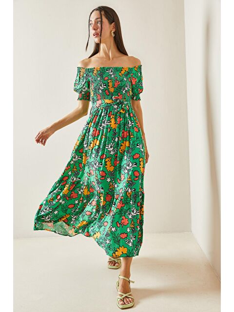 Xhan Yeşil Gipe & Desenli Kayık Yaka Elbise 5YXK6-48858-08 - S000236653-18194