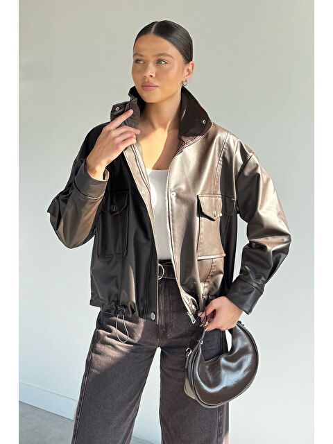 Gülseli Kadın Çift Cepli Bel Lastikli Ön Fermuarlı Ve Çıtçıtlı Suni Deri Ceket - S000469817-19413